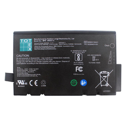TOTEX U80221-4 for Philips PageWriter TC20 TC30 TC50 ECG battery 11.1V 7.8Ah Li-ion Battery 989803199221 P/N 453564674191 ECG/EKG Battery, Medical Battery, Philips Battery, Rechargeable U80221-4 TOTEX